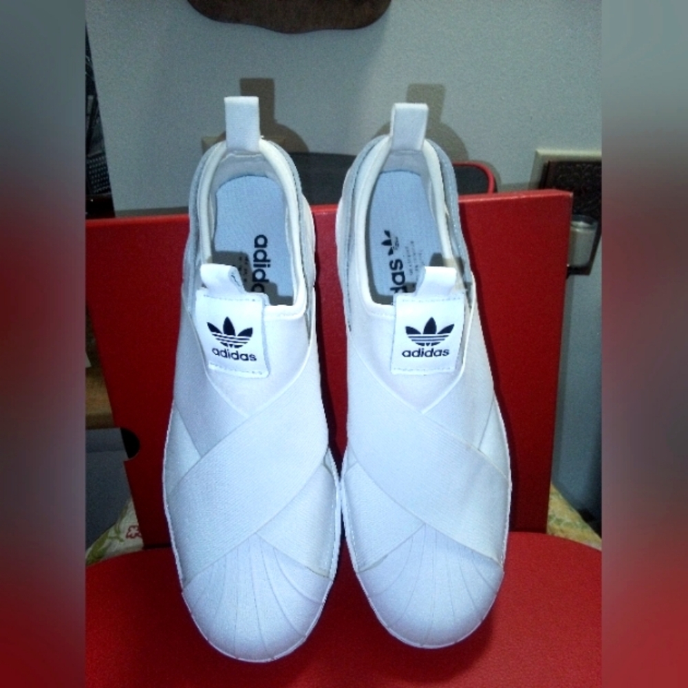 Adidas White Cross-Strap Slip-Ons